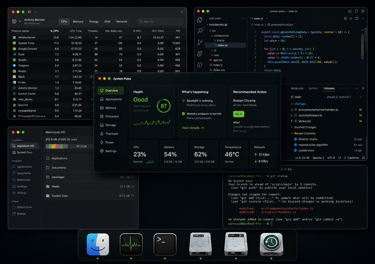 Activity Monitor, code, terminal, storage, and other Mac windows competing for attention